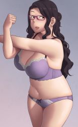 Rule 34 | 1girl, absurdres, bad anatomy, belly, bra, breasts, brown eyes, brown hair, collarbone, glasses, highres, lace, lace bra, lace panties, large breasts, lingerie, long hair, looking at viewer, mole, open mouth, panties, plump, ryokucha michi, smile, thighs, underwear, very long hair