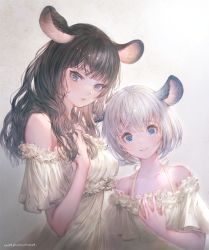 Rule 34 | 2girls, animal ears, bare shoulders, black hair, blue eyes, closed mouth, collarbone, dress, frilled dress, frills, grey eyes, lips, long hair, looking at viewer, mole, mole under eye, multiple girls, original, short hair, short sleeves, silver hair, simple background, smile, strapless, strapless dress, wadanaka, white dress