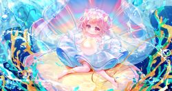 Rule 34 | 1girl, animal ears, barefoot, cat ears, chinese commentary, clam shell, commentary request, dated, dress, full body, gem, hanajiang, highres, holding, holding gem, ocean, original, outdoors, pearl (gemstone), pink eyes, pink hair, ribbon, seaweed, short hair, signature, sitting, strapless, strapless dress, tearing up, underwater, veil, water, water drop, white dress, wrist cuffs, yellow ribbon