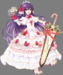 Rule 34 | 1girl, candy, chocolate, date a live, dress, floating hair, food, full body, gloves, highres, merry christmas, official art, purple eyes, purple hair, smile, sword, tsunako, weapon, yatogami tooka