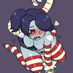 Rule 34 | 1girl, bad id, bad pixiv id, black hair, blue skin, blush, breasts, clothes lift, colored skin, detached sleeves, female masturbation, female pubic hair, full-face blush, grey skin, grinding, hair over one eye, heavy breathing, leviathan (skullgirls), masturbation, nipples, no panties, pubic hair, pussy juice, red eyes, red thighhighs, side ponytail, skirt, skirt lift, skullgirls, solo, squigly (skullgirls), stitched mouth, stitches, striped clothes, striped sleeves, striped thighhighs, thighhighs, tsukudani (coke-buta), zombie