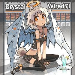 Rule 34 | 1girl, animal ears, black gloves, black thighhighs, breasts, cleavage, cup, dog tags, drinking glass, drinking straw, ear piercing, earrings, facial mark, fake halo, fingerless gloves, gloves, halo, jewelry, looking at viewer, mechanical wings, medium breasts, midriff, nancou (nankou), navel, original, piercing, short hair, shorts, sitting, solo, tail, tank top, tattoo, thighhighs, wariza, white hair, white wings, wings, yellow eyes