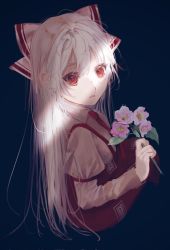 Rule 34 | 1girl, blue background, bow, collared shirt, commentary request, flower, fujiwara no mokou, hair bow, highres, holding, holding flower, juliet sleeves, leaf, long hair, long sleeves, looking at viewer, looking to the side, ofuda, ofuda on clothes, pants, parted lips, pink flower, puffy sleeves, red eyes, red pants, shirt, solo, suspenders, touhou, upper body, very long hair, white bow, white hair, white shirt, woah0202