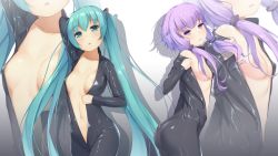 Rule 34 | 2girls, absurdres, aqua eyes, aqua hair, areola slip, ass, biker clothes, bikesuit, bodysuit, breasts, hair censor, hatsune miku, highres, huge ass, latex, latex suit, long hair, looking at viewer, multiple girls, navel, open mouth, papino, purple eyes, purple hair, shiny clothes, skin tight, small breasts, twintails, very long hair, vocaloid, yuzuki yukari, zoom layer