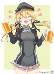 Rule 34 | 10s, 1girl, :d, ^ ^, alcohol, beer, beer mug, blonde hair, closed eyes, cup, closed eyes, gi (melmail), gloves, hat, kantai collection, long hair, mug, open mouth, peaked cap, prinz eugen (kancolle), smile, solo, twintails, uniform