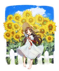 Rule 34 | 1girl, :d, absurdres, bad id, bad pixiv id, barefoot, blush, brown hair, commentary request, day, dress, fence, flower, hat, highres, korean commentary, long hair, looking at viewer, open mouth, original, outdoors, pn (wnsl216), puffy short sleeves, puffy sleeves, red ribbon, ribbon, round teeth, short sleeves, sky, smile, solo, straw hat, sundress, sunflower, teeth, yellow eyes
