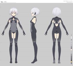 Rule 34 | 1girl, absurdres, arms at sides, bodysuit, breasts, character sheet, clothing cutout, color guide, expressionless, from behind, from side, full body, grey background, grey eyes, grey hair, highres, looking at viewer, makadamixa, mecha musume, multiple views, original, science fiction, short hair, small breasts, standing, straight-on, thigh cutout, tiptoes