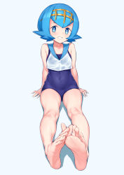 Rule 34 | 1girl, absurdres, aomoro, bare arms, barefoot, blue eyes, blue hair, blue sailor collar, blush, bright pupils, collarbone, commentary, covered navel, creatures (company), feet, foot focus, foreshortening, full body, game freak, hairband, highres, knees, lana (pokemon), looking at viewer, nintendo, one-piece swimsuit, pokemon, pokemon sm, sailor collar, shirt, short hair, simple background, sitting, sleeveless, smile, soles, solo, swimsuit, swimsuit under clothes, toes, trial captain, white background, white pupils, white shirt, yellow hairband
