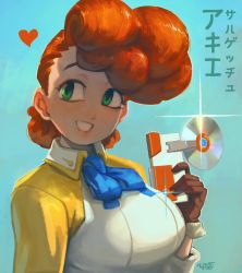 Rule 34 | 1girl, akie (saru getchu), artist name, blue neckwear, breasts, brown gloves, cd, glint, gloves, green eyes, heart, highres, large breasts, looking at viewer, orange hair, pompadour, saru getchu, simple background, smile, solo, specterwhite, upper body