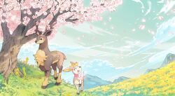 Rule 34 | :d, ^ ^, absurdres, aisutabetao, animal focus, antlers, blue sky, cherry blossoms, closed eyes, closed mouth, cloud, commentary request, creatures (company), dark skin, deer, deerling, deerling (spring), evolutionary line, game freak, gen 5 pokemon, highres, horns, mountain, nintendo, no humans, on grass, open mouth, pokemon, pokemon (creature), sawsbuck, sawsbuck (spring), sky, smile, tree, walking