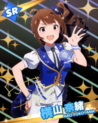 Rule 34 | 10s, 1girl, :d, ahoge, black background, brown hair, card (medium), character name, character signature, cowboy shot, grateful blue (idolmaster), hand on own hip, idolmaster, idolmaster million live!, looking at viewer, million live card, necktie, official art, open mouth, side ponytail, signature, smile, solo, sparkle, vest, waving, yokoyama nao