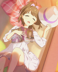 Rule 34 | 10s, 1girl, bow, brown eyes, brown hair, drooling, closed eyes, fedora, hair bow, hat, unworn hat, unworn headwear, hisami nanami, lying, magazine (object), official art, on back, ponytail, sleeping, solo, wake up girls!, wake up girls! stage no tenshi