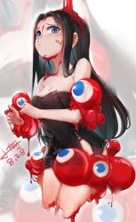 Rule 34 | 1girl, bare arms, bare shoulders, black dress, black hair, blue eyes, blush, breasts, cleavage, closed mouth, cropped legs, dated, dress, expo2025, forehead, highres, myaku-myaku, long hair, looking at viewer, medium breasts, signature, strapless, strapless dress, very long hair, white background, xiaoyu, zoom layer