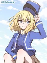Rule 34 | 1girl, bc freedom military uniform, blonde hair, blue eyes, blue hat, blue jacket, blue sky, blue vest, closed mouth, cloud, cloudy sky, commentary, day, dress shirt, frown, girls und panzer, hat, high collar, highres, holding, holding clothes, holding hat, jacket, kibimoka, long sleeves, looking at viewer, medium hair, messy hair, military, military hat, military uniform, miniskirt, no emblem, one-hour drawing challenge, oshida (girls und panzer), outdoors, pleated skirt, shako cap, shirt, sitting, skirt, sky, solo, twitter username, uniform, unworn hat, unworn headwear, v-shaped eyebrows, vest, white shirt, white skirt