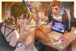 Rule 34 | 1boy, 3girls, bare shoulders, beard, black jacket, blonde hair, bracelet, brown hair, brown jacket, celeste (granblue fantasy), character doll, child, closed eyes, colossus (granblue fantasy), computer, cup, dark-skinned female, dark skin, eugen (granblue fantasy), eyepatch, facial hair, finger to mouth, flower, granblue fantasy, hair flower, hair ornament, highres, holding, holding cup, io (granblue fantasy), jacket, jewelry, katalina (granblue fantasy), laptop, long hair, looking at viewer, luminiera (granblue fantasy), minaba hideo, multiple girls, mustache, official art, one eye covered, open clothes, open jacket, purple eyes, purple flower, purple rose, red nails, red scarf, ring, rose, rosetta (granblue fantasy), scarf, shirt, short hair, shushing, sleeping, smile, stuffed toy, tiamat (granblue fantasy), twintails, white shirt, yggdrasil (granblue fantasy)