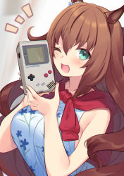 Rule 34 | 1girl, ;d, animal ears, bare arms, bare shoulders, blue dress, blurry, blurry background, blush, brand name imitation, breasts, brown hair, clothes around neck, commentary request, depth of field, dress, floral print, game boy, game boy (original), green eyes, hair between eyes, handheld game console, hands up, highres, holding, horse ears, long hair, maruzensky (umamusume), medium breasts, notice lines, one eye closed, open mouth, print dress, sleeveless, sleeveless dress, smile, solo, umamusume, upper body, usamata, v-shaped eyebrows, very long hair