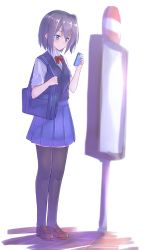 Rule 34 | 1girl, bag, black hair, black thighhighs, black vest, blue eyes, blue skirt, blush, bow, bowtie, breasts, bus stop, cellphone, closed mouth, collared shirt, grey hair, hair between eyes, highres, holding, holding phone, kyoo-kyon (kyo-kyon), loafers, looking at phone, original, outdoors, phone, pleated skirt, red bow, red bowtie, shirt, shoes, short hair, shoulder bag, side ponytail, skirt, small breasts, smartphone, solo, standing, suzunari shizuku, thighhighs, vest, waiting, white shirt, yuki arare, zettai ryouiki