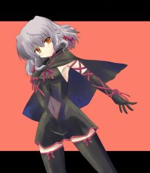 Rule 34 | 00s, bell zephyr, braid, cape, dress, elbow gloves, gloves, navel, night wizard, puranaria, ribbon, silver hair, slit navel, solo, thighhighs, yellow eyes
