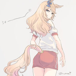 Rule 34 | 1girl, animal ears, aqua eyes, ass, blonde hair, bow, closed mouth, clothing cutout, cowboy shot, ear bow, gold city (umamusume), grey background, gym uniform, holding own tail, horse ears, horse girl, horse tail, inutose, long hair, looking back, red shorts, shirt, short hair, short shorts, short sleeves, shorts, solo, standing, tail, tail through clothes, twitter username, umamusume, white shirt