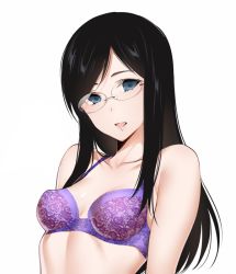 Rule 34 | 1girl, black hair, blue eyes, bra, breasts, floral print, glasses, hizuki akira, long hair, looking at viewer, open mouth, original, purple bra, rimless eyewear, simple background, small breasts, smile, solo, swept bangs, underwear, upper body, white background