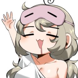 Rule 34 | 1girl, :3, ahoge, bad id, bad twitter id, breasts, cleavage, closed eyes, collarbone, commentary request, drooling, eye mask, grey hair, korean commentary, large breasts, long hair, low-tied long hair, mask, mask on head, mouth drool, off shoulder, original, saru (monkey magic3), simple background, single bare shoulder, solo, swirl, upper body, waving, white background