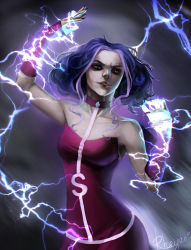 Rule 34 | 1girl, artist name, bare shoulders, electricity, electrokinesis, fingernails, gloves, highres, magic, nail polish, rhe yan, sleeveless, solo, stormy (winx club), upper body, winx club, witch