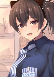 Rule 34 | 10s, 1girl, :3, animal ears, breasts, brown eyes, brown hair, cat ears, commentary request, dyson (edaokunnsaikouya), employee uniform, fang, kaga (kancolle), kantai collection, lawson, looking at viewer, matching hair/eyes, muneate, open mouth, short hair, side ponytail, smile, solo, uniform