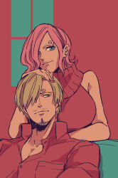 Rule 34 | 1boy, 1girl, blonde hair, blue eyes, commentary request, couch, curly eyebrows, earrings, facial hair, goatee, hair over one eye, hatch (8cco), jewelry, light smile, mustache stubble, on couch, one piece, pink hair, pink nails, red shirt, red sweater, sanji (one piece), shirt, short hair, sidelocks, single earring, sitting, sleeveless, sleeveless turtleneck, smile, stubble, sweater, turtleneck, turtleneck sweater, vinsmoke reiju