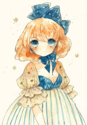 Rule 34 | 1girl, ano (petit), arms at sides, bad id, bad pixiv id, blonde hair, blue eyes, breasts, bubble skirt, choker, cleavage, cleavage cutout, clothing cutout, curly hair, dress, frilled sleeves, frills, frown, hair ornament, looking at viewer, original, puffy sleeves, ribbon, ribbon choker, short hair, simple background, skirt, small breasts, solo, star (symbol), star print, striped clothes, striped dress