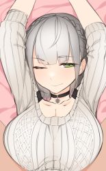 Rule 34 | 1boy, 1girl, absurdres, breasts, cleavage, glasses, green eyes, grey hair, hetero, highres, hololive, kijikoru, large breasts, looking at viewer, lying, on back, one eye closed, paizuri, paizuri under clothes, pov, pov crotch, shirogane noel, smile, solo focus, sweater, virtual youtuber