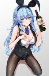 Rule 34 | 1girl, absurdres, animal ears, bare arms, black vest, blue hair, blue necktie, blush, bottle, braid, breasts, cleavage, commentary, detached collar, fake animal ears, french braid, hair between eyes, half updo, highres, holding, holding bottle, hololive, large breasts, long hair, md5 mismatch, micon, necktie, pantyhose, pointy ears, rabbit ears, resolution mismatch, shirt, sidelocks, simple background, sleeveless, sleeveless shirt, smile, solo, source larger, vest, virtual youtuber, white background, white shirt, yellow eyes, yukihana lamy
