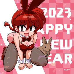 Rule 34 | 1girl, 2023, animal ears, blue eyes, borrowed character, bow, bowtie, braid, braided ponytail, breasts, brown pantyhose, checkered background, chinese zodiac, cleavage, detached collar, happy new year, highres, large breasts, leotard, long hair, new year, open mouth, pantyhose, playboy bunny, rabbit, rabbit ears, rabbit tail, ranma-chan, ranma 1/2, red footwear, red hair, red leotard, shiny clothes, smile, strap, tail, wanta (futoshi), wrist cuffs, year of the rabbit