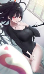 Rule 34 | absurdres, antenna hair, bags under eyes, black hair, black shirt, blue archive, blush, bottomless, breasts, cheru blac, feet out of frame, hair spread out, halo, highres, indoors, large breasts, looking at viewer, lying, on side, red eyes, red halo, shirt, shirt tug, single bare shoulder, tsurugi (blue archive), yes-no pillow