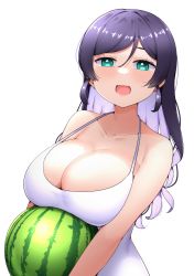 Rule 34 | 1girl, :d, aqua eyes, bare shoulders, blush, breast rest, breasts, carried breast rest, carrying, cleavage, colored inner hair, food, fruit, hair down, halterneck, highres, kooei, large breasts, long hair, looking at viewer, love live!, love live! school idol project, multicolored hair, one-piece swimsuit, open mouth, parted bangs, purple hair, simple background, smile, solo, swept bangs, swimsuit, taut clothes, taut swimsuit, tojo nozomi, upper body, watermelon, wavy hair, white background, white one-piece swimsuit