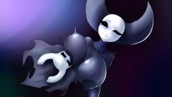 Rule 34 | 1boy, 1girl, absurdres, black cape, black skin, grabbing another&#039;s breast, breast sucking, breasts, cape, colored skin, darky, grabbing, highres, hollow knight, inverted nipples, knight (hollow knight), large breasts, looking at viewer, mantis lord (hollow knight), open mouth, size difference