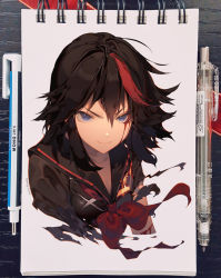 Rule 34 | 1girl, art tools in frame, black hair, blood, blood on face, blue eyes, closed mouth, commentary request, facing viewer, grey eyes, kawacy, kill la kill, living clothes, looking at viewer, marker (medium), matoi ryuuko, multicolored hair, red neckwear, sailor collar, school uniform, senketsu, serafuku, short hair, smile, solo, streaked hair, sweatdrop, torn clothes, traditional media, two-tone hair