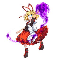Rule 34 | 1girl, arm up, blonde hair, blue eyes, bow, female focus, full body, hair ribbon, medicine melancholy, miranko, puffy sleeves, red footwear, ribbon, sash, shirt, shoes, short sleeves, simple background, skirt, solo, touhou, white background