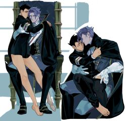 Rule 34 | 2boys, ace attorney, barefoot, barok van zieks, black pants, bottomless, chair, closed eyes, closed mouth, elbow gloves, gloves, height difference, highres, hug, male focus, multiple boys, multiple views, pants, purple hair, ryunosuke naruhodo, shiawase shitsudo bata, throne, white background, white gloves, yaoi