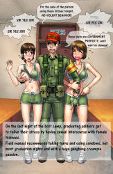 Rule 34 | 1boy, 2girls, blush, grabbing another&#039;s breast, breasts, brown eyes, brown hair, closed eyes, female soldier, fingering, girl sandwich, gogocherry, grabbing, groping, hard-translated, highres, large breasts, multiple girls, no bra, open mouth, sandwiched, sex slave, short hair, short shorts, shorts, soldier, third-party edit, translated, uniform