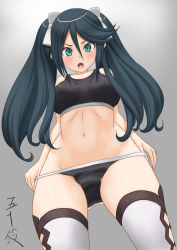Rule 34 | 1girl, black sports bra, blue eyes, blue hair, character name, commentary request, from below, hair between eyes, hair ribbon, highres, isuzu (kancolle), kantai collection, long hair, looking at viewer, midriff, navel, open mouth, ribbon, solo, sports bikini, sports bra, t2r, thighhighs, twintails, undressing, white ribbon, white thighhighs