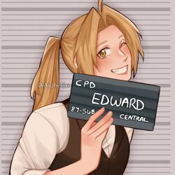Rule 34 | 1boy, aiphelix, barbie mugshot (meme), blonde hair, blush, character name, edward elric, english text, fullmetal alchemist, height mark, highres, holding, holding sign, long hair, looking at viewer, male focus, meme, one eye closed, ponytail, prisoner, sign, smile, upper body, yellow eyes