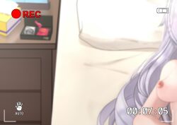 Rule 34 | 1girl, bed, blurry, blurry foreground, breasts, bronya zaychik, bronya zaychik (silverwing: n-ex), completely nude, condom, condom wrapper, drill hair, grey hair, highres, honkai (series), honkai impact 3rd, indoors, large breasts, long hair, lying, netorare, nipples, nude, on back, pillow, pov, recording, table, tissue, tissue box, twin drills, very long hair, viewfinder, yomigaeru