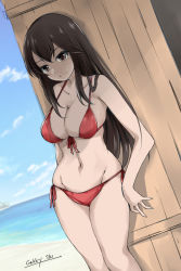 Rule 34 | 1girl, akagi (kancolle), artist name, beach, bikini, blue sky, breasts, brown eyes, brown hair, cleavage, cloud, collarbone, cowboy shot, crate, day, dutch angle, front-tie top, gakky, groin, kantai collection, large breasts, long hair, looking at viewer, one-hour drawing challenge, outdoors, red bikini, side-tie bikini bottom, sky, solo, standing, swimsuit
