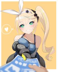 1girl absurdres aqua_eyes bare_shoulders black_gloves black_scrunchie black_skirt blonde_hair blue_dress blurry blurry_foreground breasts commentary_request dress elbow_gloves flyer frilled_skirt frills girls&#039;_frontline girls&#039;_frontline_2:_exilium gloves grin hair_ornament hair_scrunchie hairband head_tilt heart highres holding_flyer light_blush long_hair looking_at_viewer medium_breasts multicolored_hair pov pov_hands scrunchie sharkry_(girls&#039;_frontline_2) side_ponytail skirt smile solo speech_bubble spoken_heart star_(symbol) star_in_eye streaked_hair symbol_in_eye teeth upper_body white_hairband yanagui_yugi yellow_background