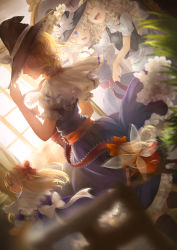 Rule 34 | 1girl, absurdres, alice margatroid, alternate headwear, apron, blonde hair, blue dress, blue eyes, blurry, braid, capelet, closed eyes, doll, dress, dutch angle, fairy wings, flower, from behind, hat, hat ribbon, highres, holding hands, hourai doll, indoors, jyuui, kirisame marisa, long hair, long sleeves, looking at another, md5 mismatch, open mouth, profile, puffy sleeves, resolution mismatch, ribbon, sash, shanghai doll, shirt, short hair, short sleeves, side braid, single braid, smile, solo, source smaller, touhou, waist apron, window, wings, witch hat