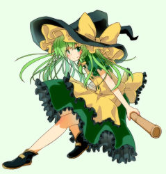 Rule 34 | 1girl, back bow, black footwear, black hat, blouse, blush, bow, braid, broom, closed mouth, color switch, commentary request, cosplay, frilled skirt, frills, full body, green background, green eyes, green hair, green skirt, hair bow, hat, hat bow, highres, kirisame marisa, kirisame marisa (cosplay), komeiji koishi, looking at viewer, medium hair, puffy short sleeves, puffy sleeves, shirt, shoes, short sleeves, simple background, single braid, skirt, smile, solo, syokora705, touhou, v-shaped eyebrows, witch hat, yellow bow, yellow shirt