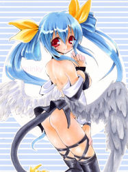Rule 34 | 1girl, arc system works, ass, asymmetrical wings, blue hair, blush, bow, breasts, chikkuru, dizzy (guilty gear), female focus, guilty gear, hair bow, large breasts, looking at viewer, looking back, low wings, monster girl, no panties, red eyes, ribbon, sideboob, solo, tail, tail ornament, tail ribbon, thighhighs, twintails, wings
