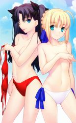 Rule 34 | 2girls, ;p, absurdres, ahoge, aqua eyes, artoria pendragon (all), artoria pendragon (fate), bikini, bikini bottom only, black hair, blonde hair, blue eyes, bow, breast hold, breasts, brown hair, collarbone, covering privates, covering breasts, day, fate/stay night, fate (series), female focus, flat chest, green eyes, hair bow, hair ribbon, highres, long hair, multiple girls, navel, no bra, non-web source, official alternate costume, official art, one eye closed, outdoors, red bikini, ribbon, saber (fate), side-tie bikini bottom, small breasts, swimsuit, takeuchi takashi, thigh gap, thighs, tohsaka rin, tongue, tongue out, topless, twintails, two side up, type-moon, white bikini, wink