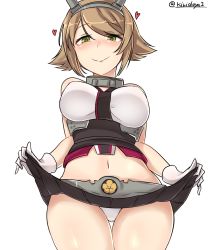 Rule 34 | 1girl, absurdres, bare arms, black skirt, blush, breasts, brown hair, closed mouth, clothes lift, covered erect nipples, cowboy shot, flipped hair, gloves, green eyes, headgear, heart, heart-shaped pupils, highres, kantai collection, kiritto, large breasts, looking at viewer, looking down, midriff, miniskirt, mutsu (kancolle), navel, panties, pleated skirt, short hair, simple background, skirt, skirt lift, smile, solo, symbol-shaped pupils, twitter username, underwear, upper body, white background, white gloves, white panties