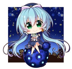 Rule 34 | 1girl, black dress, blue hair, blue headwear, blush stickers, border, chibi, closed mouth, commentary request, commission, dress, eyes visible through hair, green eyes, hair between eyes, happy, hatachi, hip vent, hoshino yumemi, knees together feet apart, long hair, long sleeves, looking at viewer, low twintails, night, planetarian, planetarium, robot ears, sitting, skeb commission, smile, snow globe, solo, star (symbol), straight-on, twintails, very long hair, white border